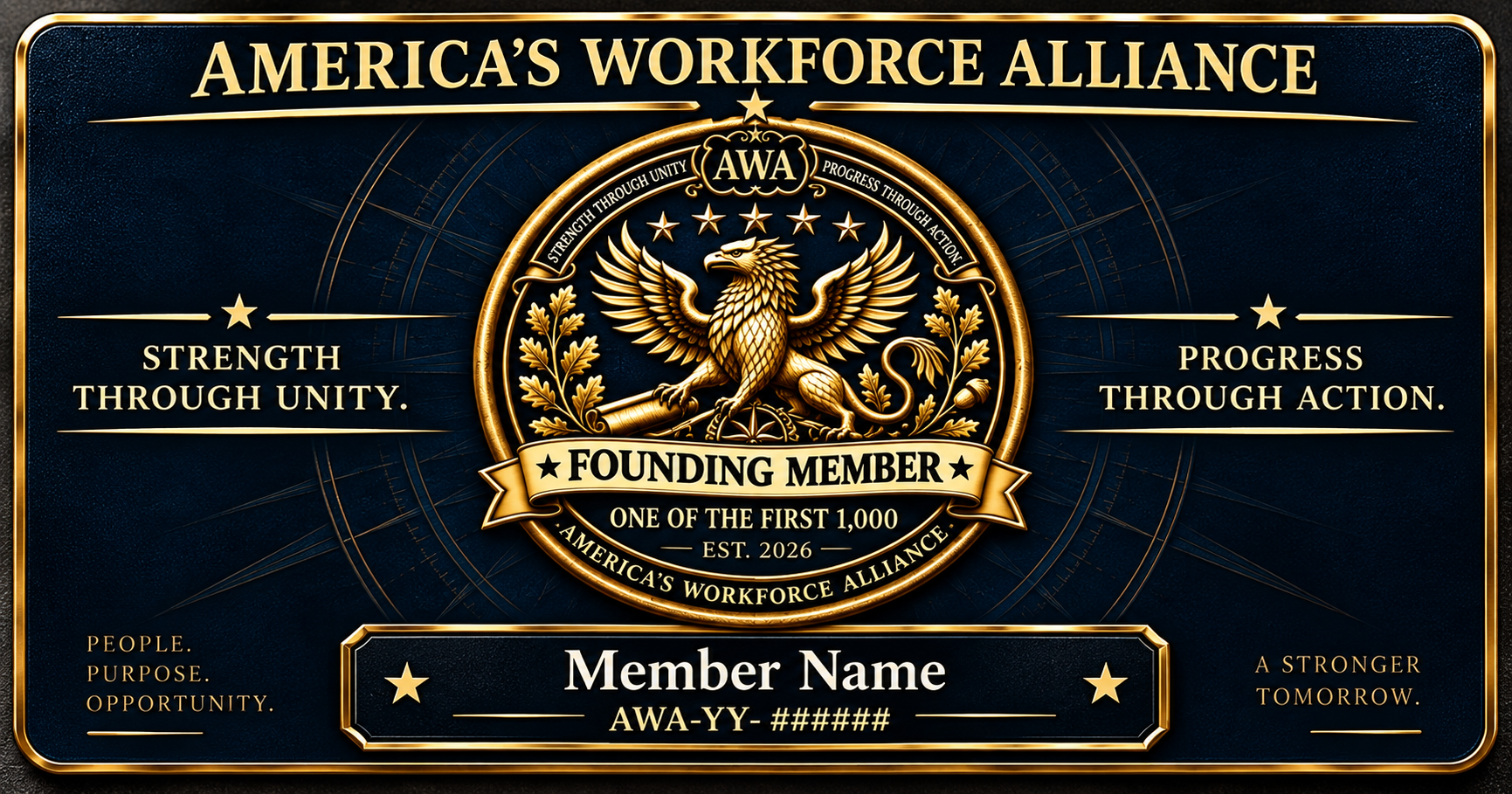 Navy and gold Founding Member card with the centered griffin crest, Member Name and a sample member-number format
